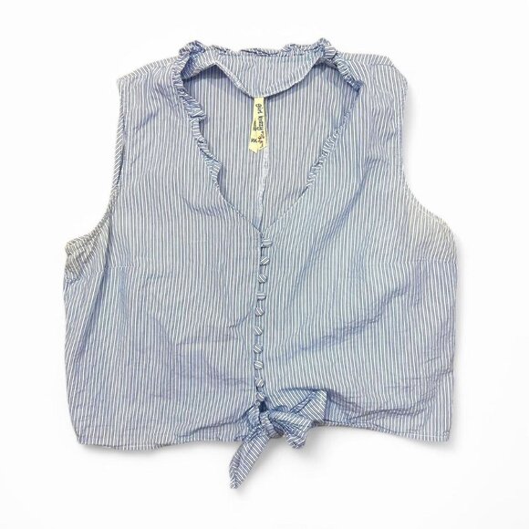 Y2K Girl‎ Krazy Blue White Pinstripe Tie-Front Blouse With Ruffle Trim Size M - Picture 1 of 5